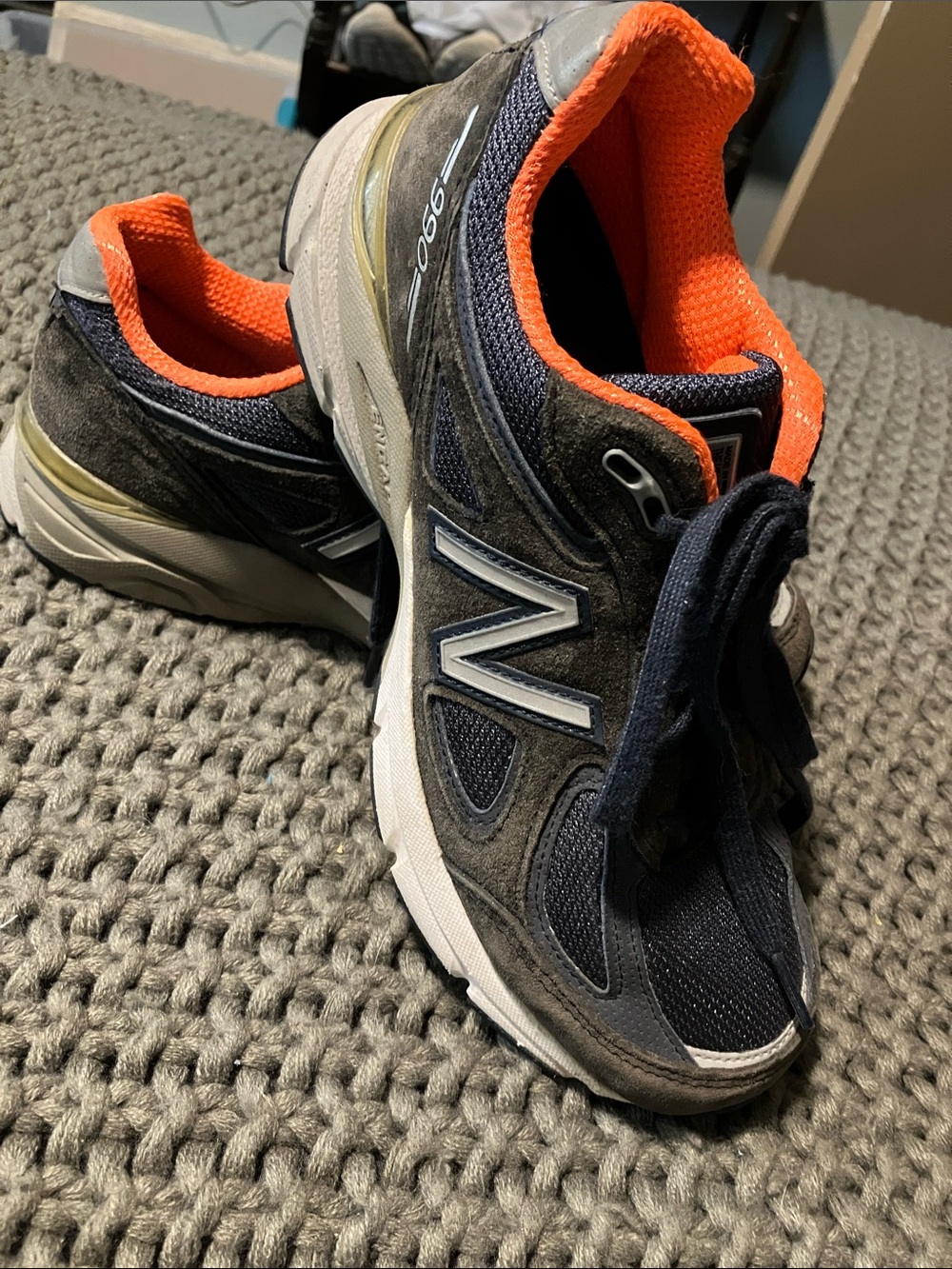 New Balance 990v4 sneakers in a navy and orange colorway Size 7